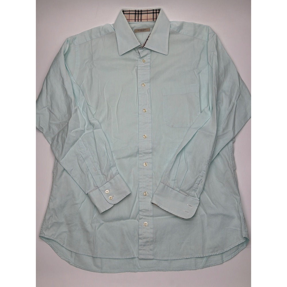 Burberry London Mens Button Down Shirt Mint Green Nova Check Cuff Large L 16R